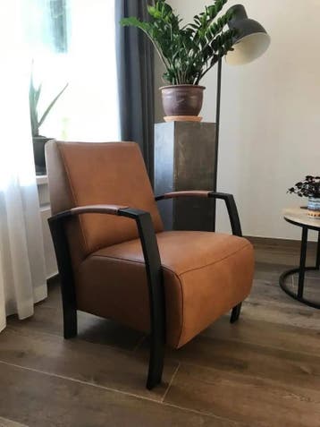 Leren fauteuil met stalen frame - bruin leer, Ophalen of Verzenden, Nieuw, Leer