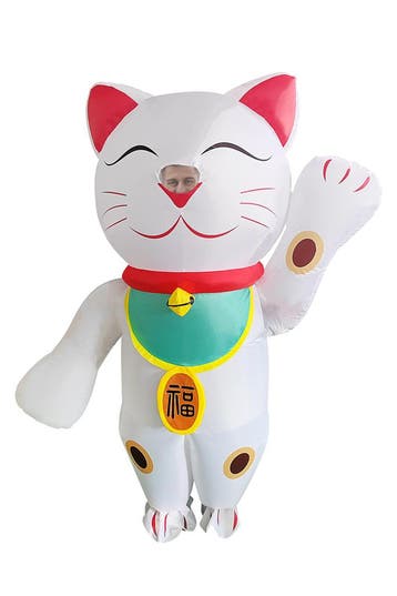 KIMU® Opblaas Kostuum Gelukskat Wit Maneki Neko Dames Heren, Carnaval, Nieuw, Overige maten, Ophalen of Verzenden