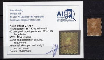Nederland 1867 - Koning Willem III, 50 cent goud, Type I,, Gestempeld