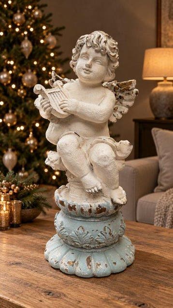 sculptuur, Engel met Harp op Sierlijke Sokkel – 46,5 cm –