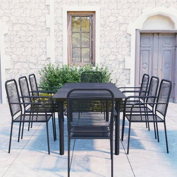 vidaXL 9-delige Tuinset glas en staal zwart, Verzenden, Nieuw, 8 zitplaatsen, Rvs