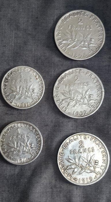 Frankrijk. Lot de 5 monnaies en argent (1 Franc et 2 Francs, Postzegels en Munten, Munten | Europa | Niet-Euromunten