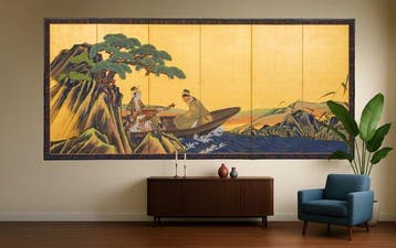 Vouwscherm met de goden Benzaiten en Jurjin - Gelakt hout,, Antiek en Kunst