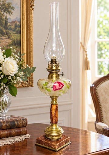 France - Petroleumlamp - Glas, Messing, Steen