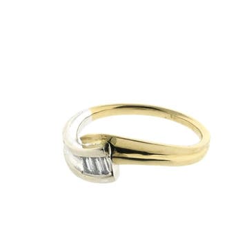 Bicolor gouden ring met baguette diamant; 0,21 ct., 18 tot 19, Gebruikt, Ophalen of Verzenden, Met edelsteen