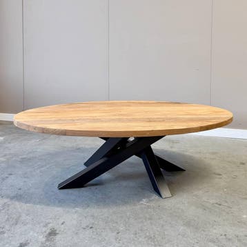 Ovale salontafel met stalen twistpoot -  130 cm x 80 cm Glad, Ophalen of Verzenden, Nieuw, Ovaal, Teakhout