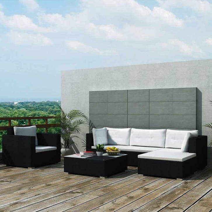 vidaXL 6-delige Loungeset met kussens poly rattan zwart, Tuin en Terras, Tuinsets en Loungesets, Loungeset, Nieuw, 6 zitplaatsen