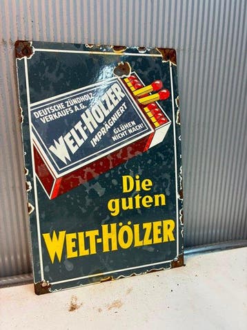 Welt-Hölzer – Duitse Lucifers – Emaille Reclamebord -, Antiek en Kunst