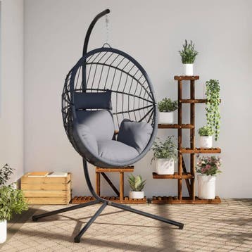 vidaXL Hangstoel met standaard rattan en staal lichtgrijs, Tuin en Terras, Verzenden, Nieuw