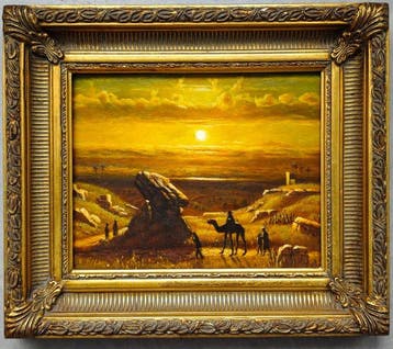 École orientaliste (XX) - Caravane au coucher du soleil