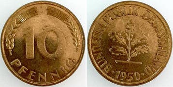 1950j Duitsland 10 Pfennig 1950 J Polierte Platte J383, Verzenden
