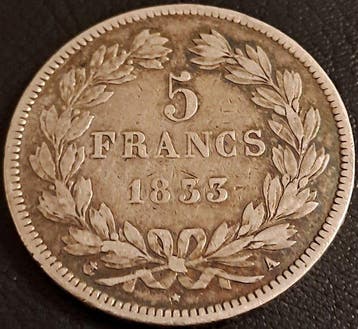 Frankrijk. Louis Philippe I. 5 Francs 1833-A, Paris (Zonder