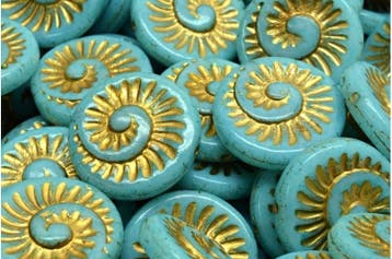 2 x Tsjechische Glaskralen Fossil Shell Beads 18x18mm Tur..., Ophalen of Verzenden, Nieuw, Kraal