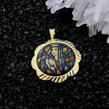Gouden vintage hanger van Maria en Jezus met gekleurd ema..., Ophalen of Verzenden, Gebruikt, Goud, Overige merken