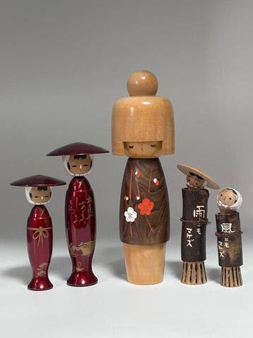 Vintage Japanse Kokeshi-poppen – Set van 5 – Usaburo
