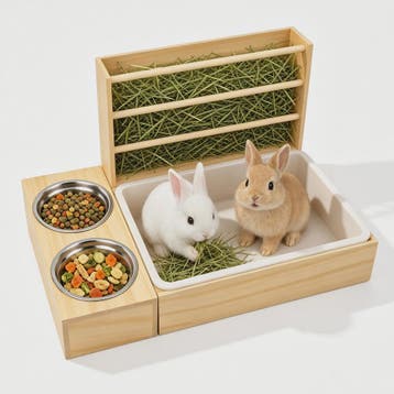 3 in 1 Rabbit Hay Feeder with Litter Box and Bowls, Wooden S, Verzenden, Nieuw