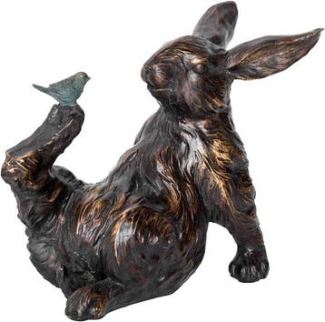 sculptuur, Rabbit and Bird Sculpture – Bronze-Effect Resin