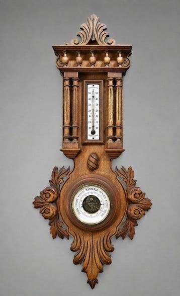 Barometer - Hout, wit geëmailleerd metaal. -