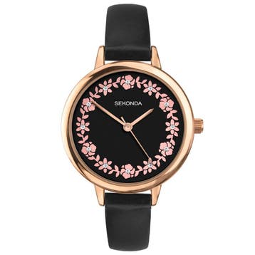 Seconda horloge voor dames met bloemen en een leder armband, Nieuw