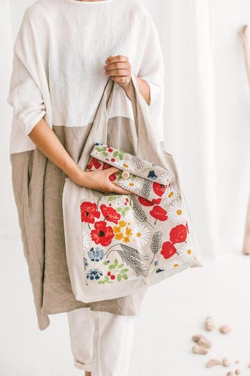 Handgemaakte linnen Opvouwbare tas - met wilde bloemen -, Nieuw