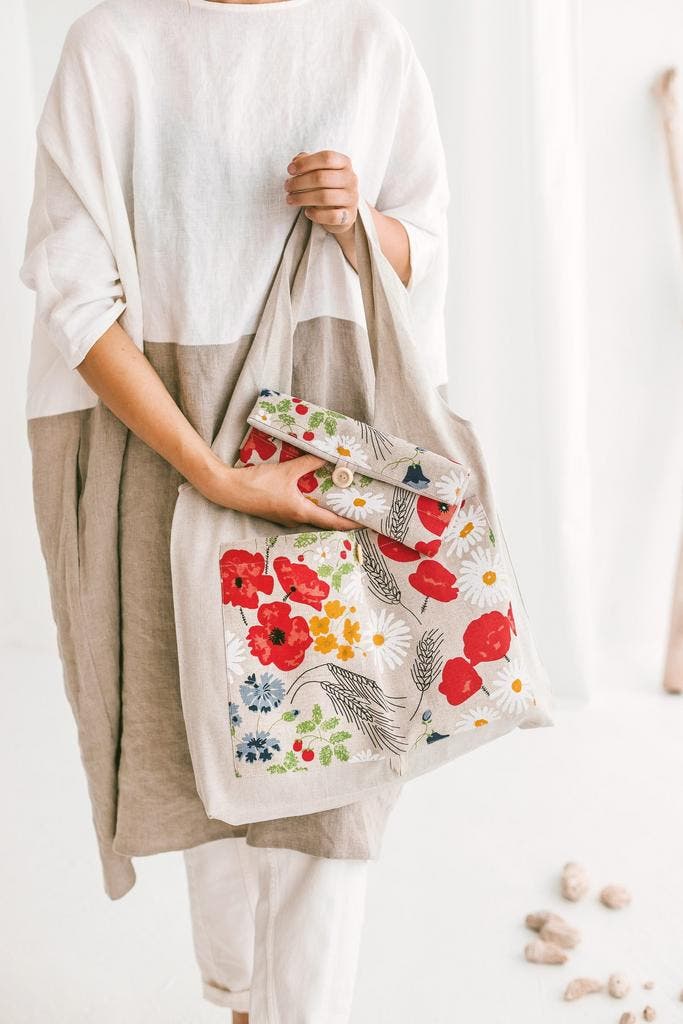 Handgemaakte linnen Opvouwbare tas - met wilde bloemen -, Sieraden, Tassen en Uiterlijk, Tassen | Schoudertassen