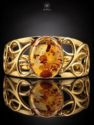 Gouden amberring - 925 sterlingzilver, goudverguld - elegant