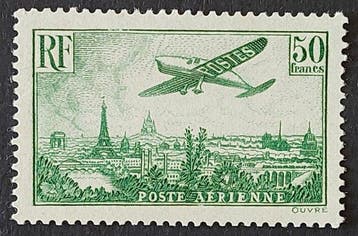 Frankrijk 1936 - Vliegtuig boven Parijs, 50 f. groen - Yvert, Gestempeld