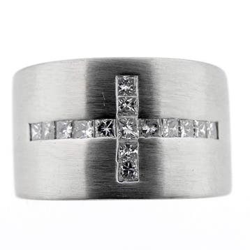 Witgouden ring met kruis van diamanten 0,60 ct., 18 tot 19, Gebruikt, Ophalen of Verzenden, Dame