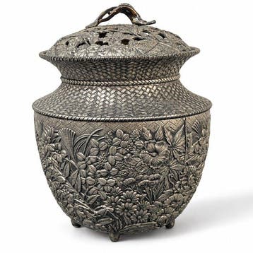 Japanse metalen wierookbrander – Chrysanten en vogels in