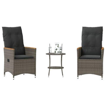 vidaXL 3-delige Bistroset met kussens poly rattan grijs, Verzenden, Nieuw