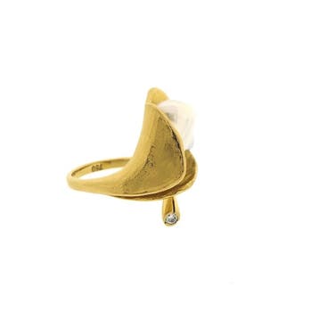 Gouden cocktailring met barokparel en diamant; 0,05 ct., Gebruikt, Ophalen of Verzenden, Kleiner dan 17, Met edelsteen