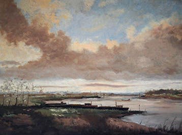 Nederlandse school (XX) - Barges along the river at dusk, Antiek en Kunst