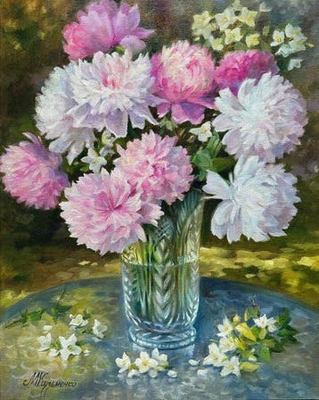 Merie Khys (XX-XXI) - Peonies in a crystal vase
