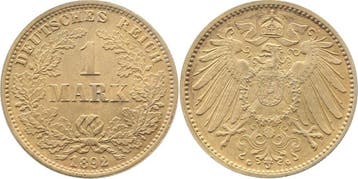 1 Mark Kaiserreich 1892 G prfr/fein super, graeuliche Patina, Verzenden