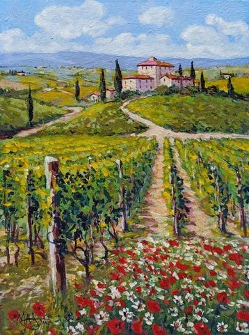 Gino Masini (1949) - Flowery in the vineyard - Tuscany, Antiek en Kunst, Kunst | Schilderijen | Klassiek