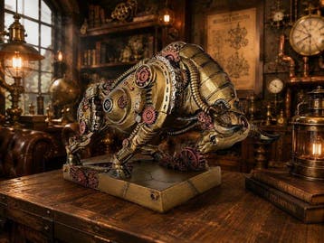 sculptuur, Steampunk Stier – XXL Mechanische Sculptuur met