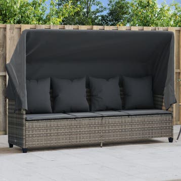 vidaXL Ligbed met luifel en kussens poly rattan grijs, Verzenden, Nieuw