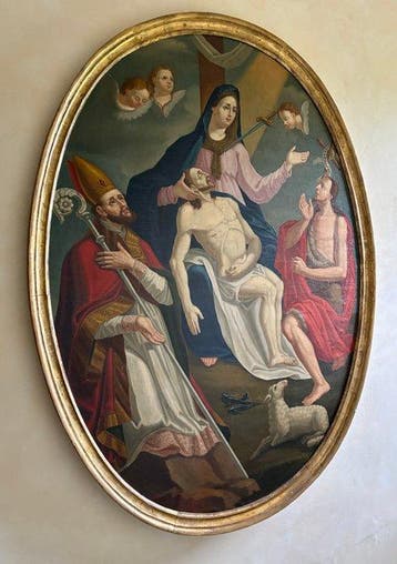 Scuola italiana (XVII-XVIII) - Pietà con vescovo e santo