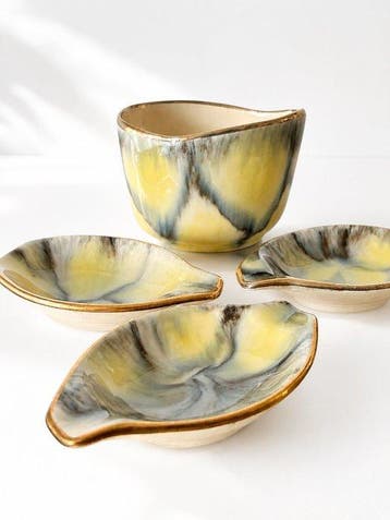 4 West German Organic Glazed Serving Set with Gold Rims