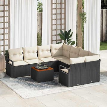 vidaXL Tuinbankenset 9 st Zwart poly rattan, Verzenden, Nieuw, Rotan, Meer dan 8 zitplaatsen