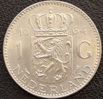 Nederlandse zilveren Gulden 1964, Verzenden, Koningin Juliana, Losse munt, Zilver