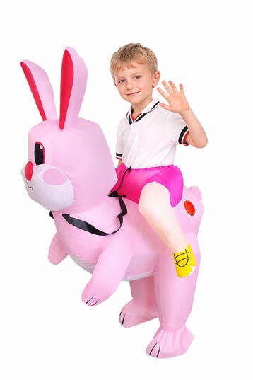 KIMU® Opblaas Kostuum Kinderen Zittend Op Konijn Roze 80 86, Ophalen of Verzenden, Nieuw