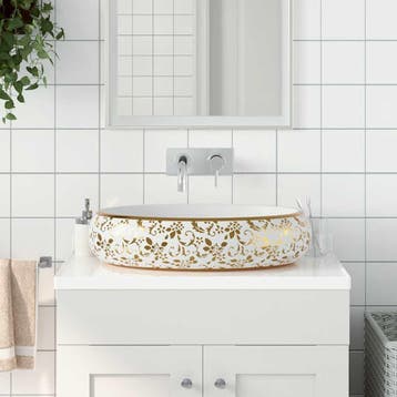 vidaXL Opzetwasbak ovaal 59x40x15 cm keramiek wit en goud, Doe-het-zelf en Verbouw, Verzenden, Nieuw