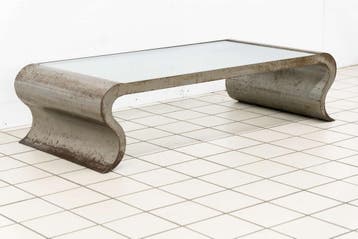 Design salontafel glazen blad metalen gebogen onderstel, Huis en Inrichting, Ophalen, Gebruikt