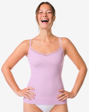 HEMA Dameshemd katoen rib spaghettibandjes met kant roze, Kleding | Dames, Verzenden, Roze