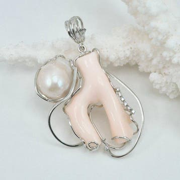 Koraal - Zilver - Ketting met hanger - Roze koraal en parel, Nieuw