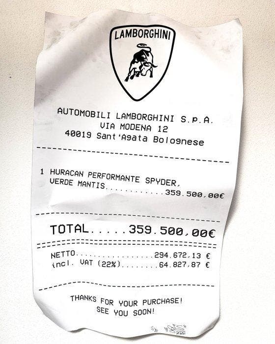 Louis Michel Krüger - Lamborghini Reciept (Dirty), Antiek en Kunst, Kunst | Designobjecten