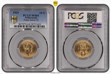 Gouden Wilhelmina 10 gulden 1925 MS64 variant Parel onder IN, Verzenden, Goud, Koningin Wilhelmina, Losse munt