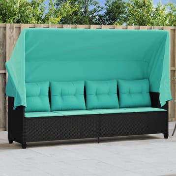 vidaXL Ligbed met luifel en kussens poly rattan zwart, Verzenden, Nieuw