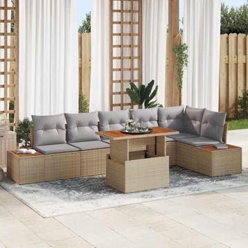 vidaXL Tuin Sofa Set 7 st Beige Poly riet, Verzenden, Nieuw, Rotan, 7 zitplaatsen